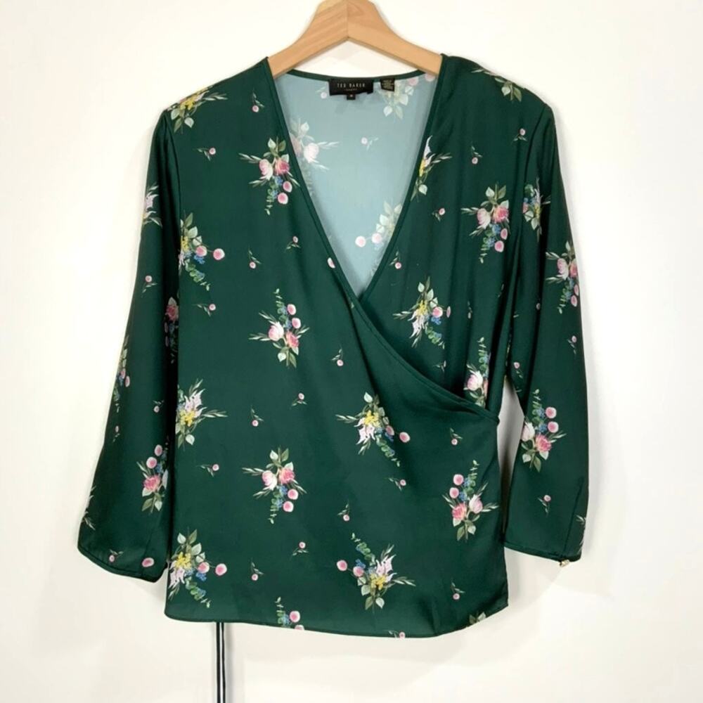 Ted Baker London Aleexx Flourish Tie Wrap Blouse Green Floral Women's Size 8